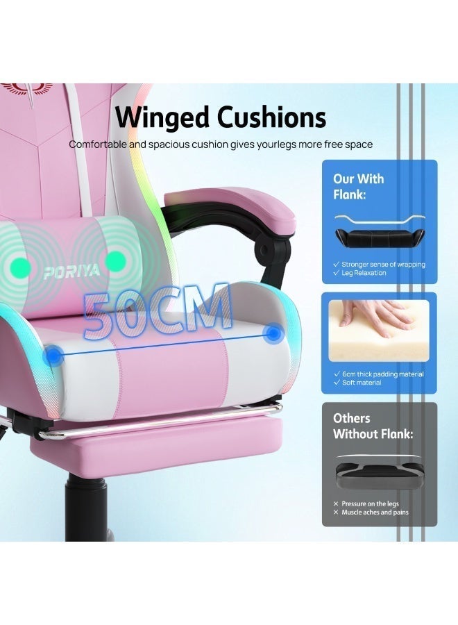 PORIYA Ergonomic Gaming Chair with Massage Lumbar Cushion & LED Lights, Adjustable Executive Office Chair with Footrest, 90–145° Recline, Height Adjustable, PVC Leather, 150kg Capacity (Pink Massage&LED) - Image 4
